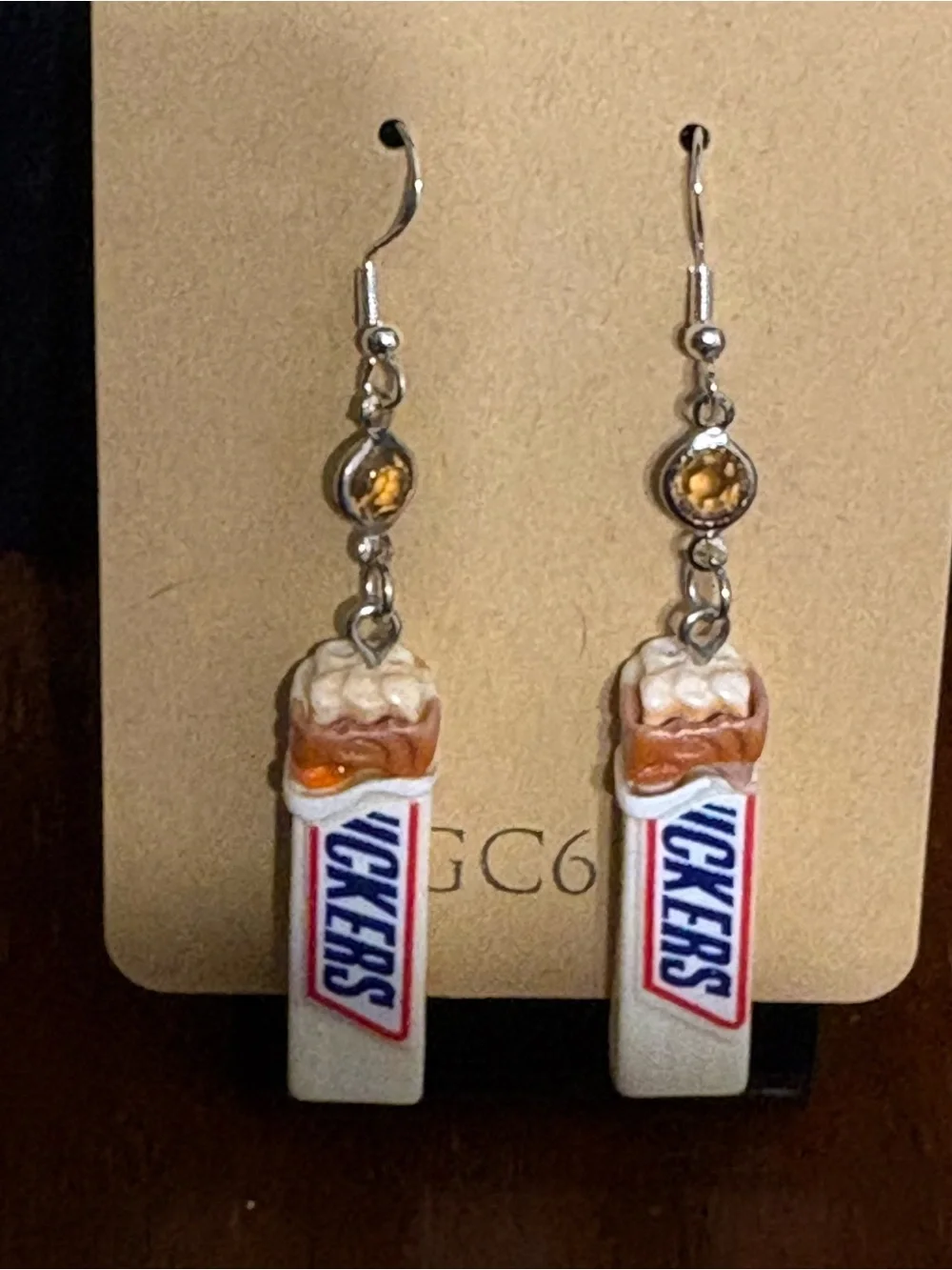 Miniature Candy Bar Dangle Earrings white wrapper gem accents